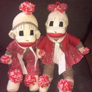Vintage hand sewn sock monkeys boy and girl